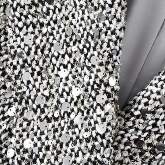 Dark Grey Women's Elegant Premium Tweed Sequins Overcoat with Peak Collar - Picture 10 of 11